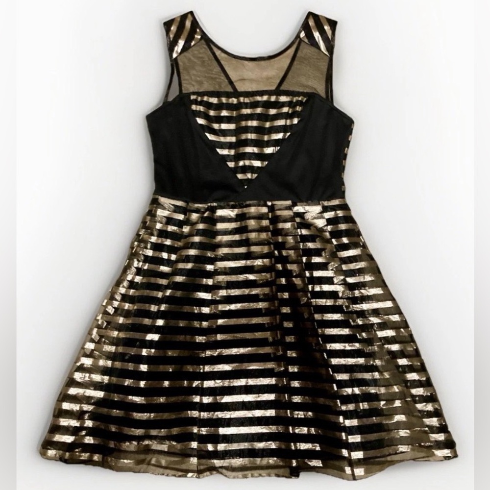 Fun Cocktail Dress size 10 wedding guest Glam Black Gold Stripe EU 40 Turkish